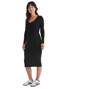 Marine Layer Lexi Rib Midi Dress Black Ribbed Knit Solid Long Sleeve L Large